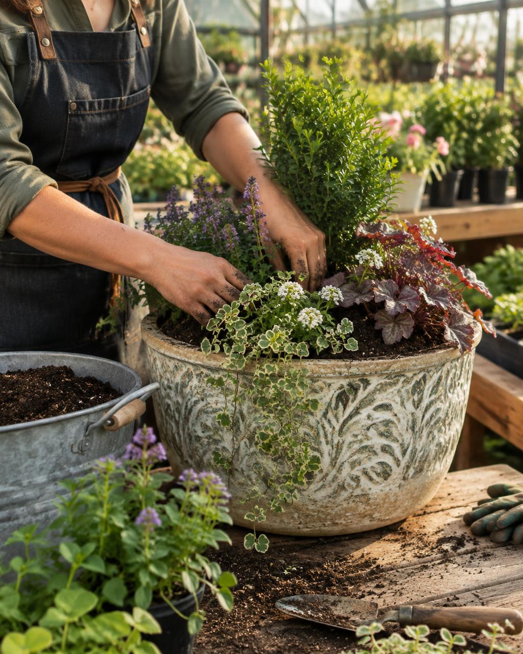 Hands planting heuchera, lavender and trailing greenery into a decorative container on a potting bench