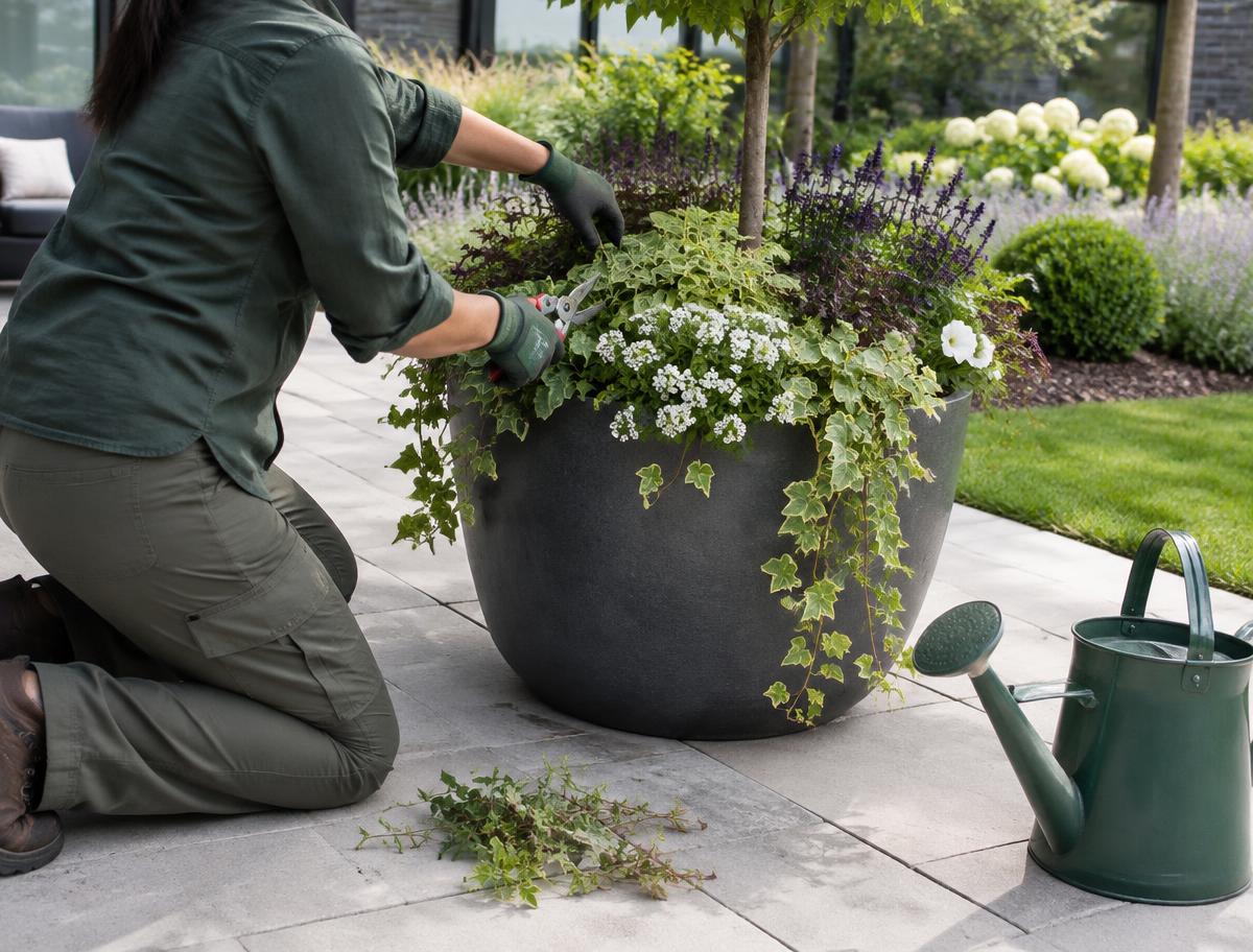 Gardener kneeling to prune a large planter on a business patio beside a green watering can