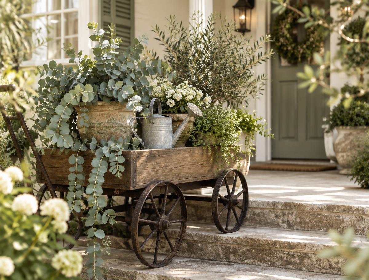 A wooden garden cart loaded with potted plants and a watering can on the stone steps of a home porch