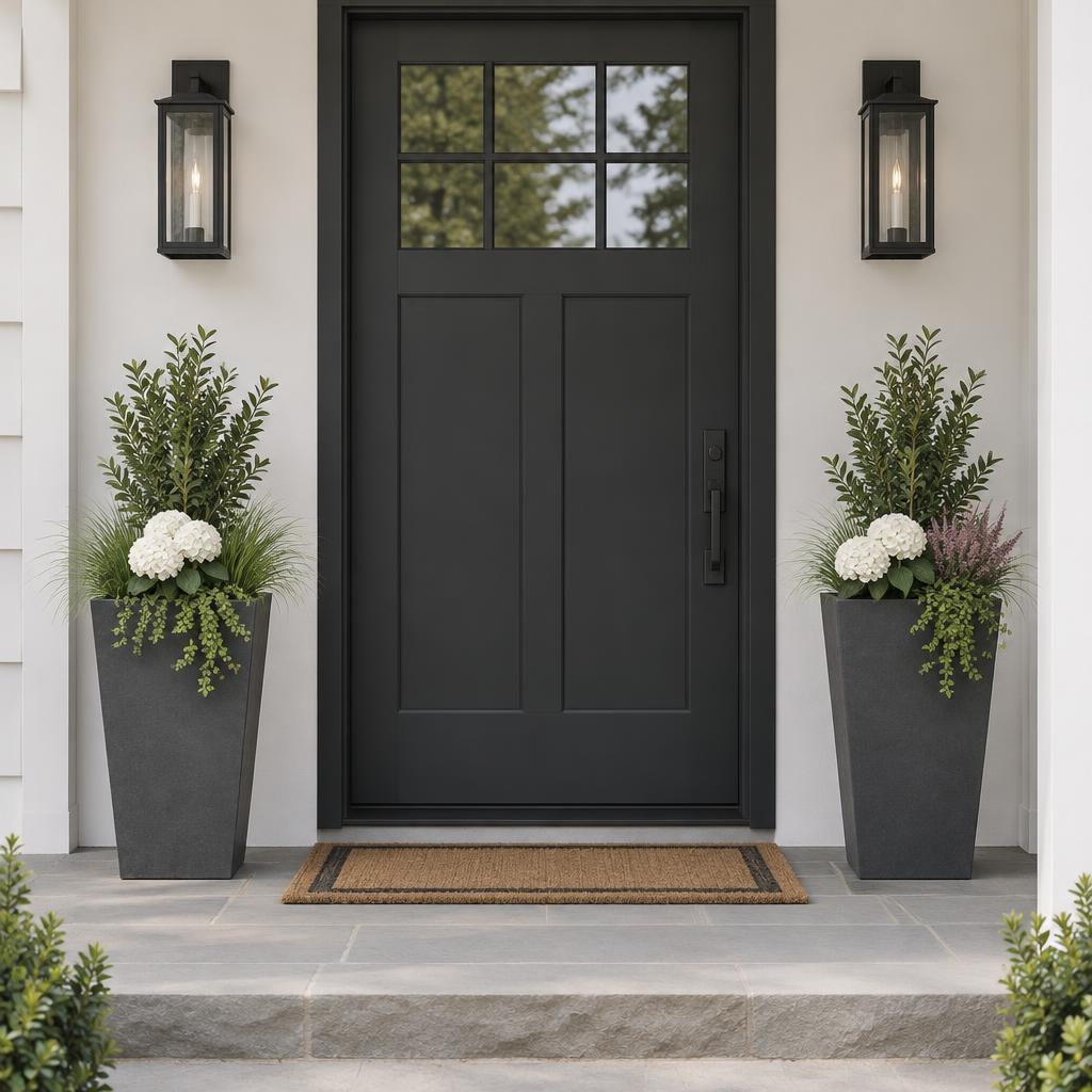 Two tall black planters overflowing with grasses, dahlias and trailing ivy beside a front door