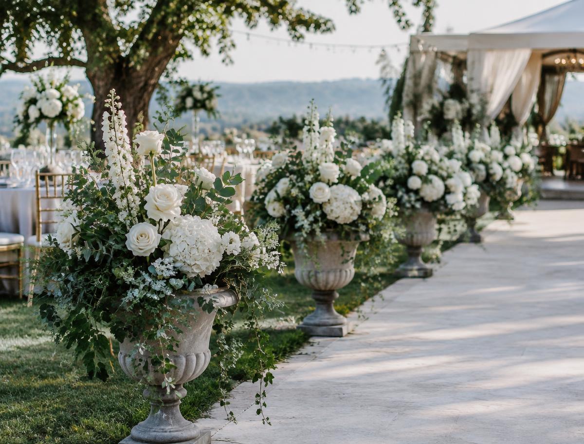 Stone urns filled with white roses and hydrangeas lining an outdoor wedding aisle