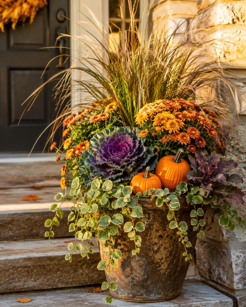 Autumn planter with mums, ornamental kale, grasses and small pumpkins