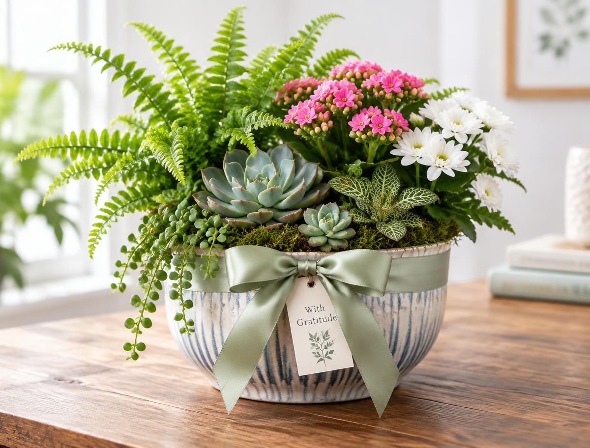 Gift container garden of ferns, succulents and pink flowers tied with a sage ribbon