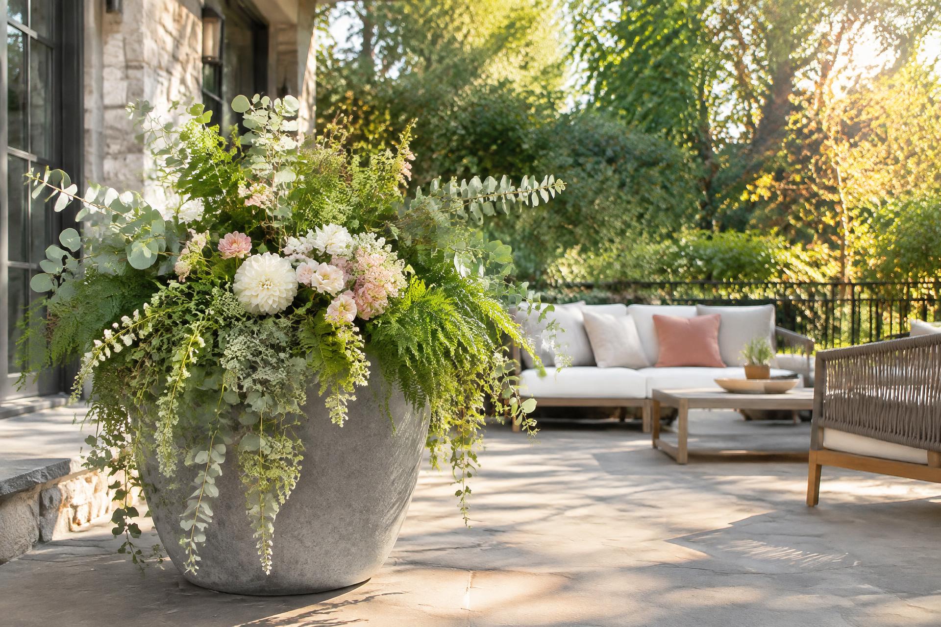 An oversized custom container garden overflowing with eucalyptus, ferns and blush flowers on a sunny patio