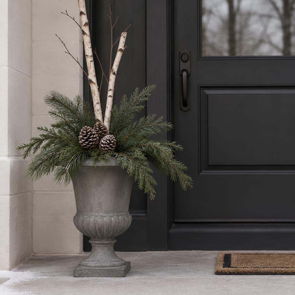 Winter holiday urn with evergreen boughs, birch logs, red twigs, pine cones and string lights