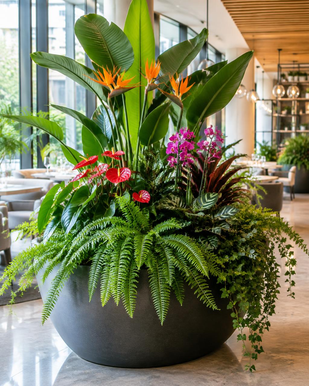 Large indoor planter with tropical leaves, orchids and ferns in a restaurant