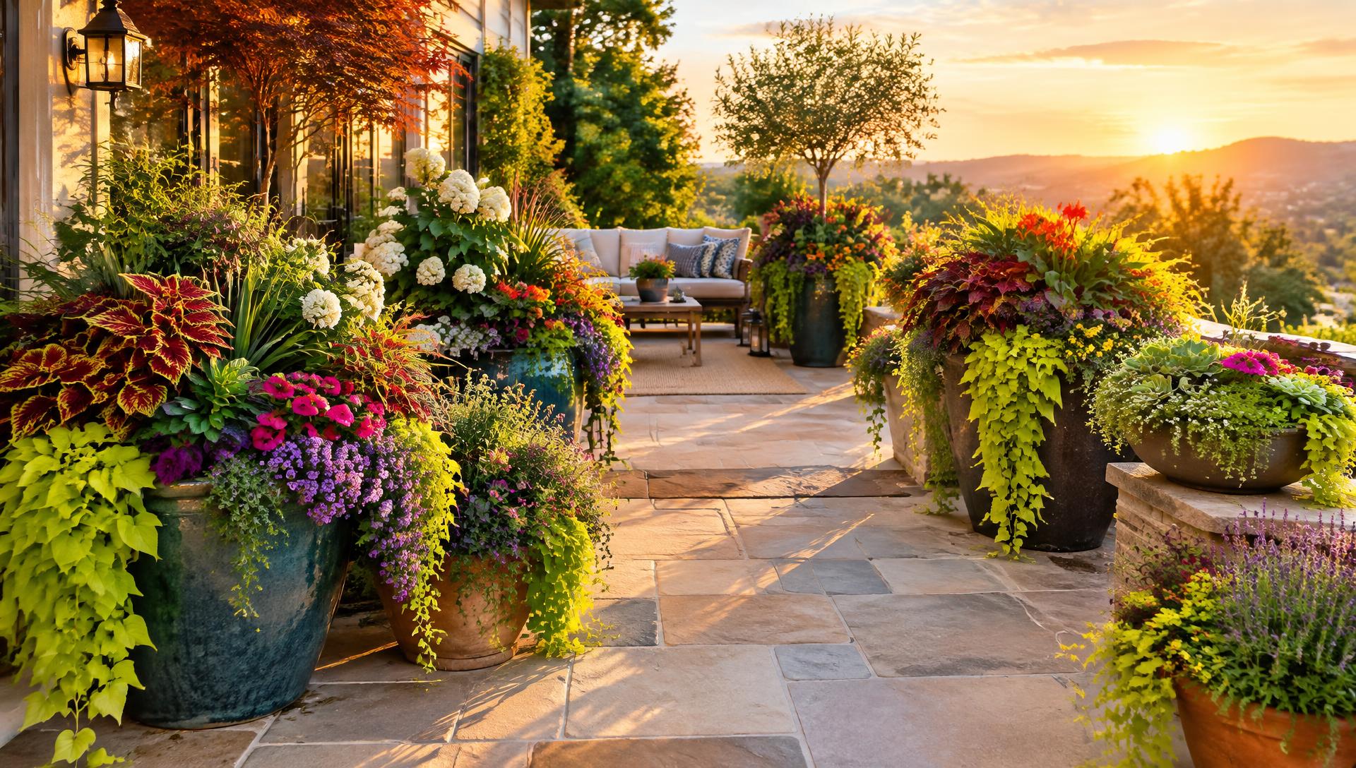 A sunny patio filled with lush, colorful container gardens of many sizes