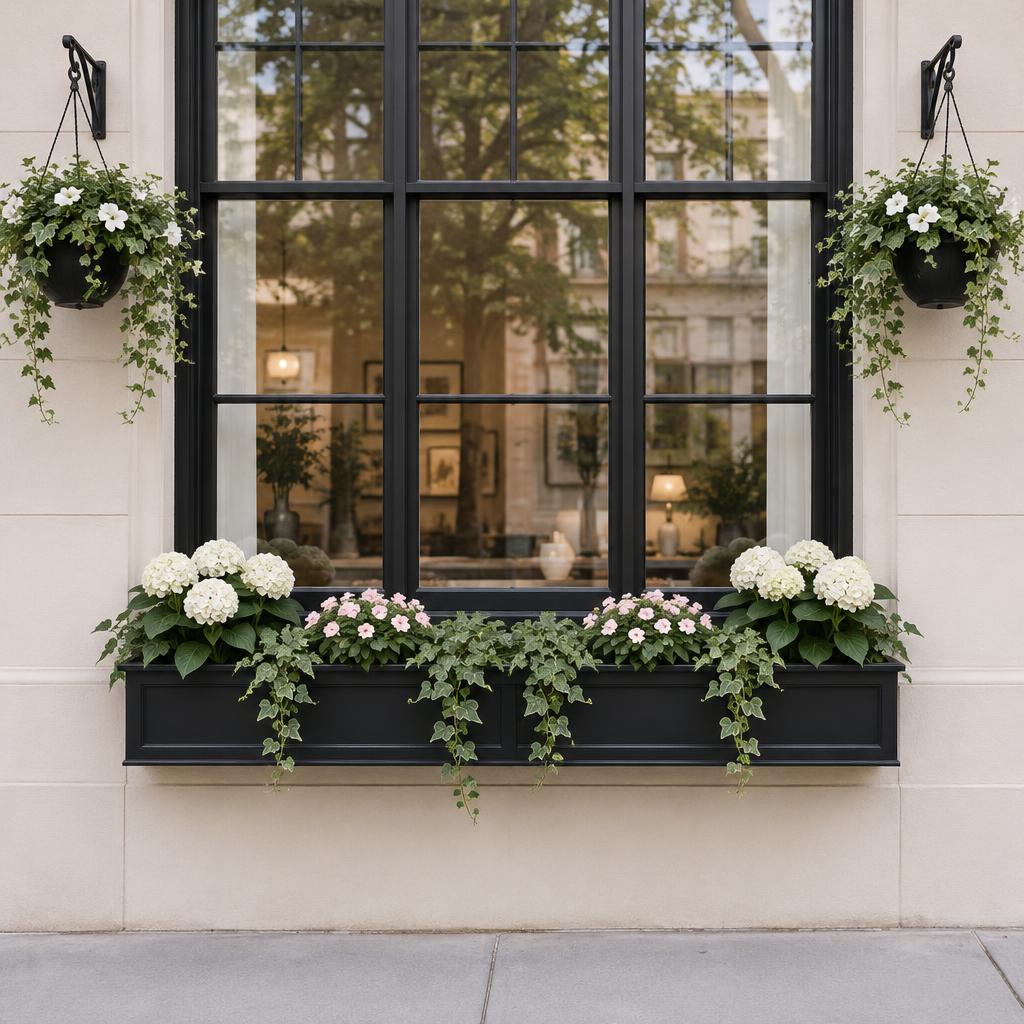 Storefront window boxes and hanging baskets spilling petunias and bright green vines
